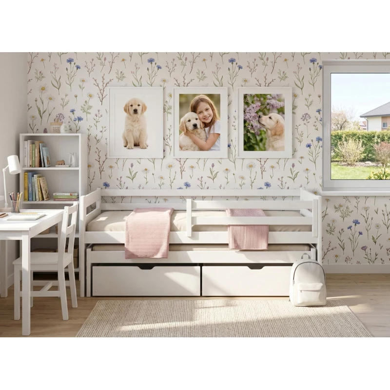 Kinderbett mit Zustellbett und Stauraum HERMIONA – 90x200, Weiß