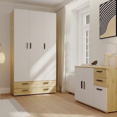 Dreitüriger Kleiderschrank 111 cm mit Schubladen RICHLAND – Eiche, handgefertigt