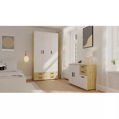 Dreitüriger Kleiderschrank 111 cm mit Schubladen RICHLAND – Eiche, handgefertigt