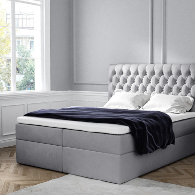 Elegantes gepolstertes Doppelbett Mandy mit Aufbewahrung grau 140 x 200 + Gratis-Topper
