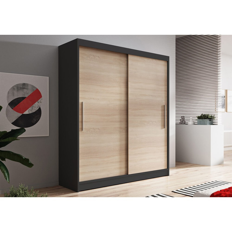 Kleiderschrank Vala 150 cm, schwarzer Korpus, Türen Eiche sonoma