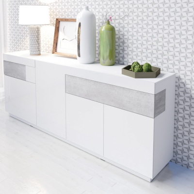 Moderne viertürige Kommode SHADI, Weiß + Beton