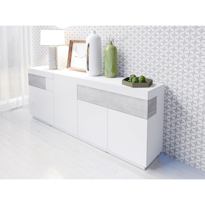Moderne viertürige Kommode SHADI, Weiß + Beton