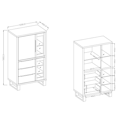 Dreitürige Vitrine GEJFUN mit Schubladen, Eiche Wotan