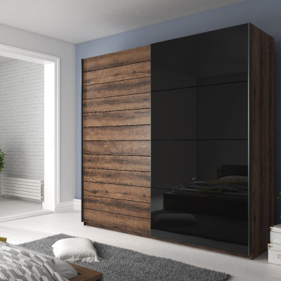 Kombinierter Schrank SÁRA mit schwarzem Glas 220 cm, Monastery-Eiche