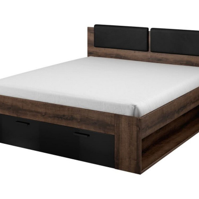 SÁRA Bett mit gepolstertem Kopfteil und Schublade, Eiche Monastery